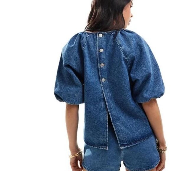 NWT ASOS DESIGN denim raglan puff sleeve top in mid blue - Picture 3 of 4